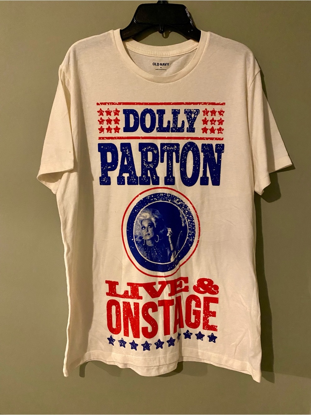 Old Navy White Graphic Tee with Blue and Red Dolly Parton Print Unisex